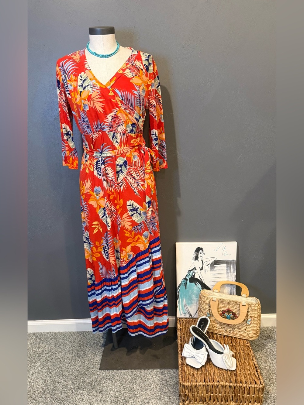 Mlle Gabrielle Red Tropical-Print Wrap Maxi Dress